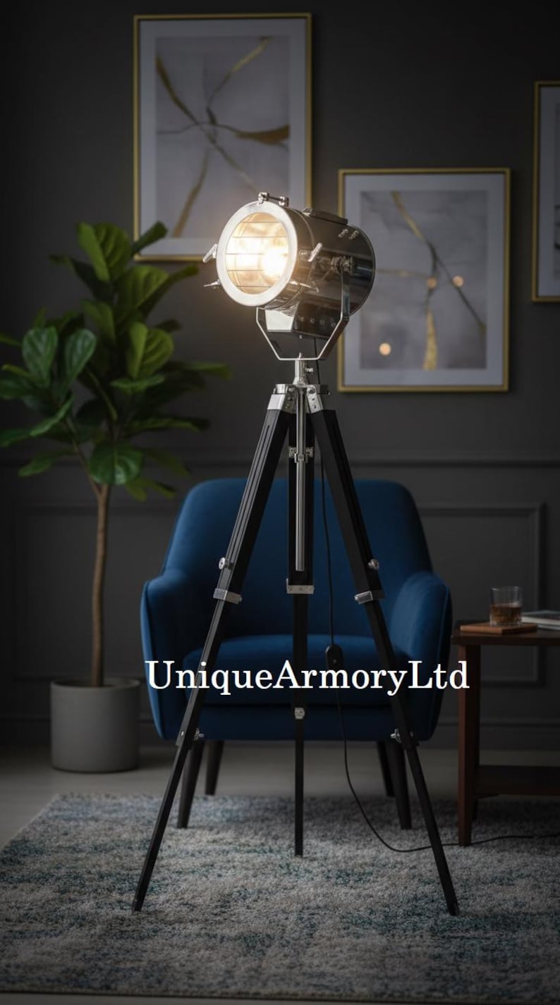 Chrome Spotlight on Black Wooden Tripod view 4