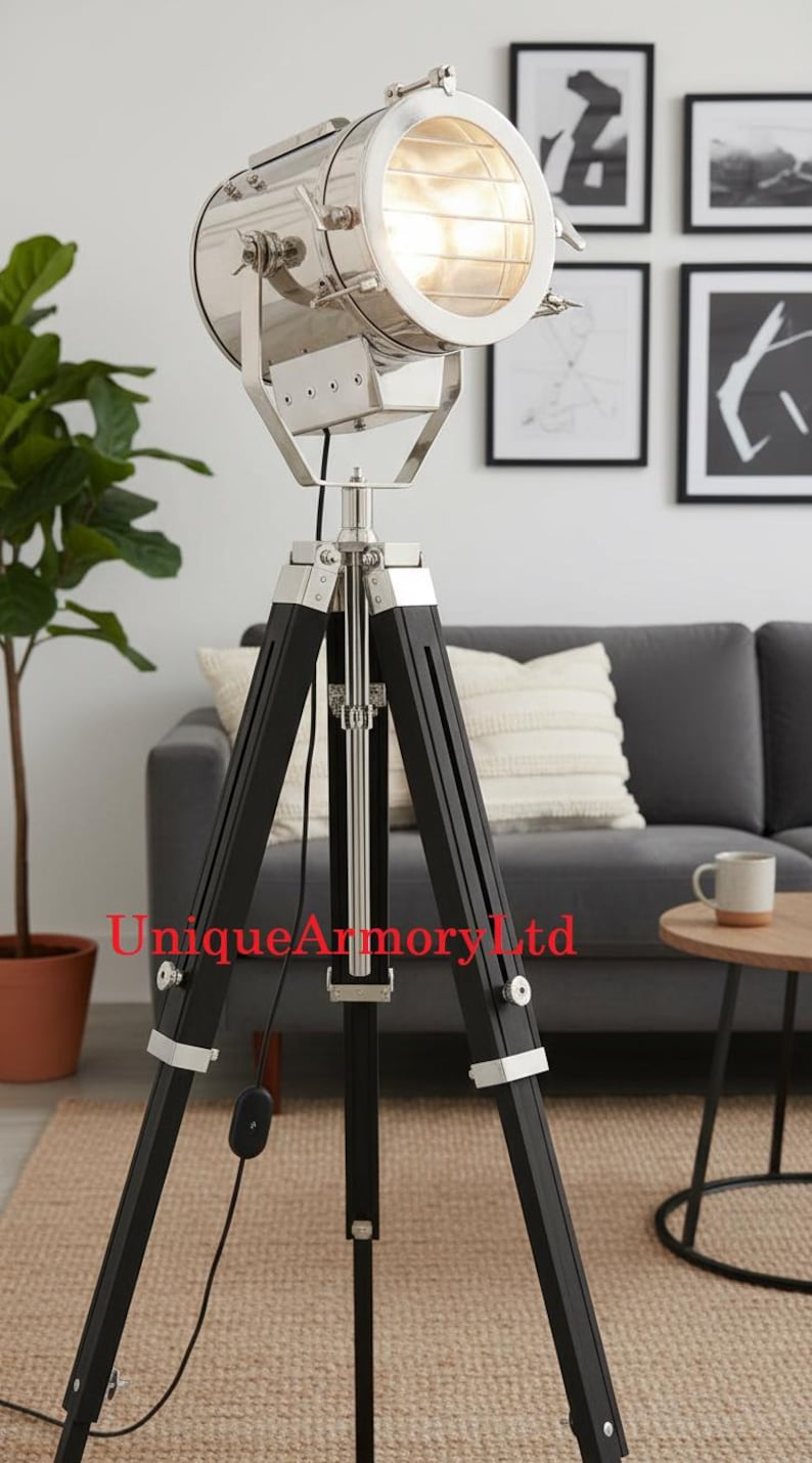 Chrome Spotlight on Black Wooden Tripod view 9