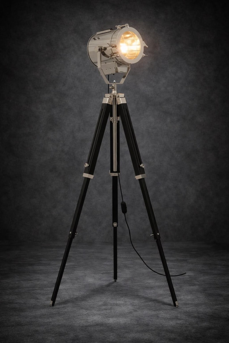 Chrome Spotlight on Black Wooden Tripod view 12
