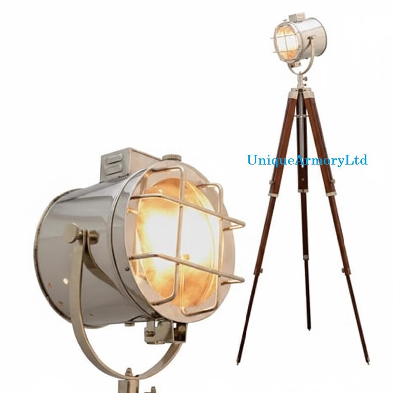 Chrome Spotlight on Wooden Tripod view 2