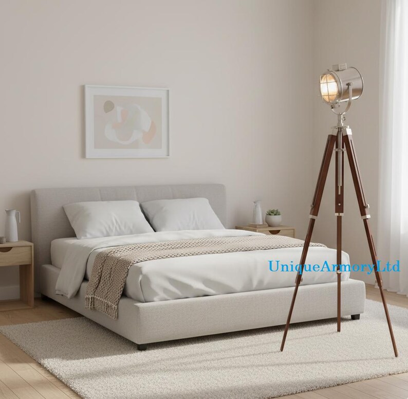 Chrome Spotlight on Wooden Tripod view 5
