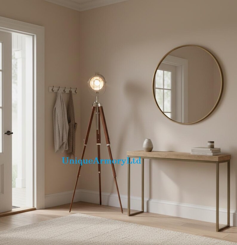 Chrome Spotlight on Wooden Tripod view 7