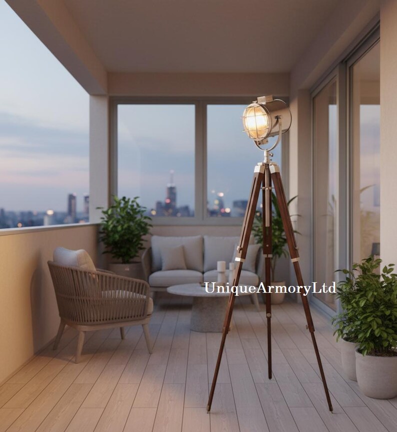 Chrome Spotlight on Wooden Tripod view 8