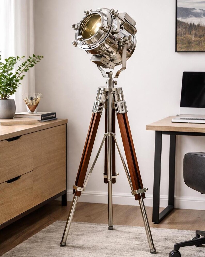 Chrome Spotlight on Wooden Tripod view 2