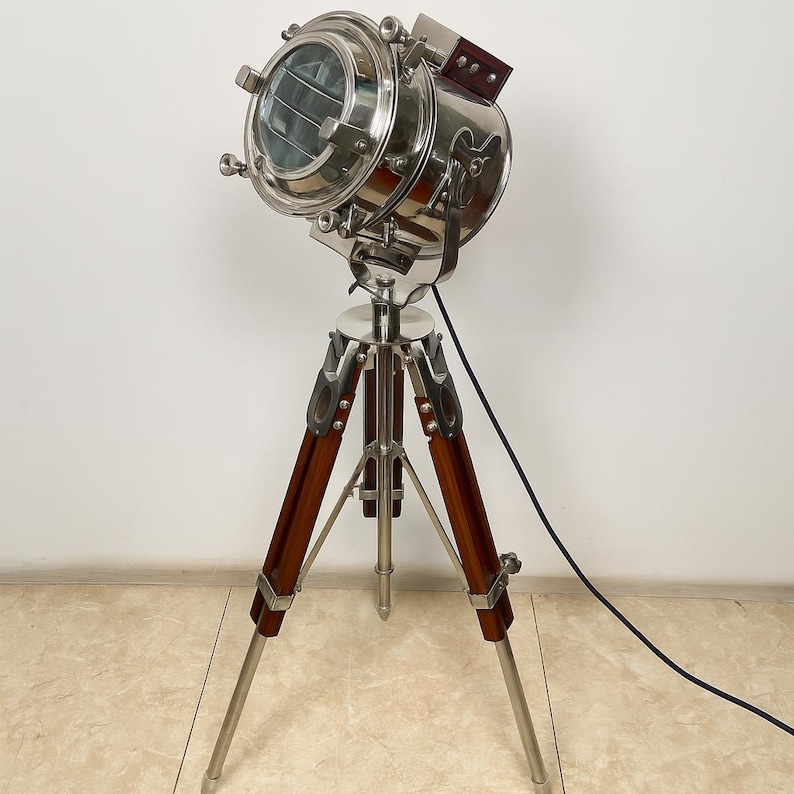 Chrome Spotlight on Wooden Tripod view 3