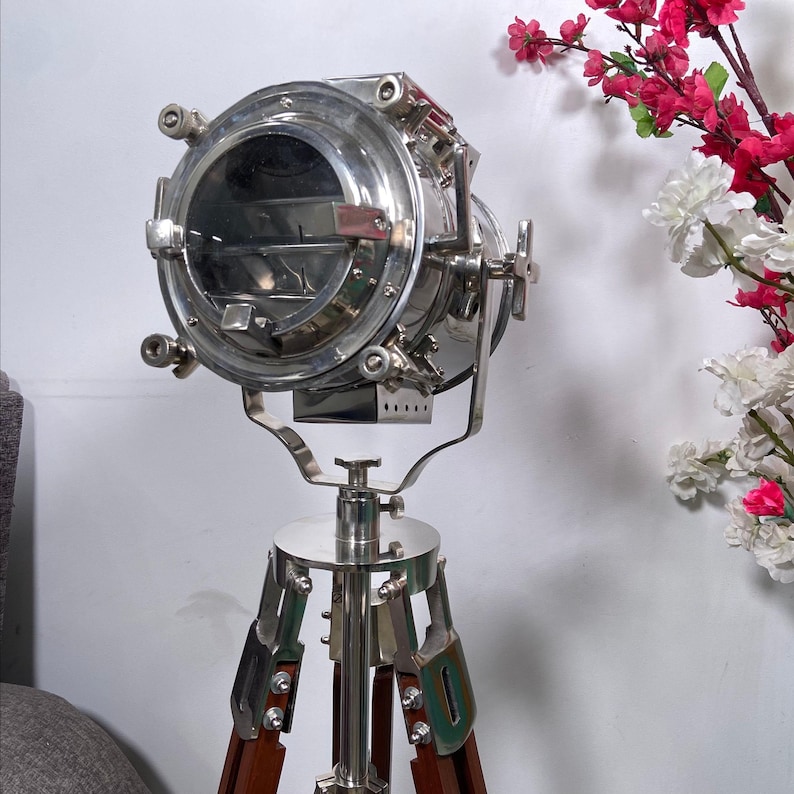 Chrome Spotlight on Wooden Tripod view 5