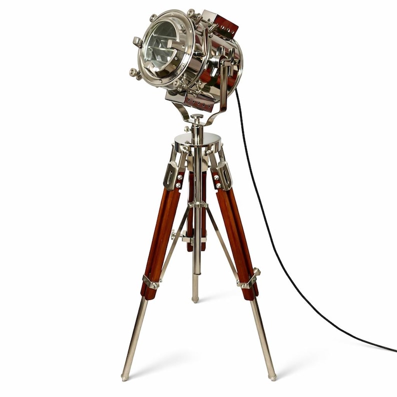 Chrome Spotlight on Wooden Tripod view 12