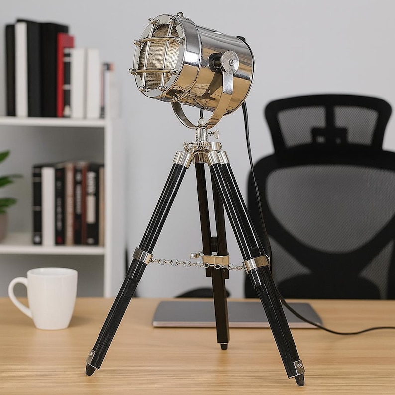 Chrome Spotlight on Black Wooden Tripod view 3