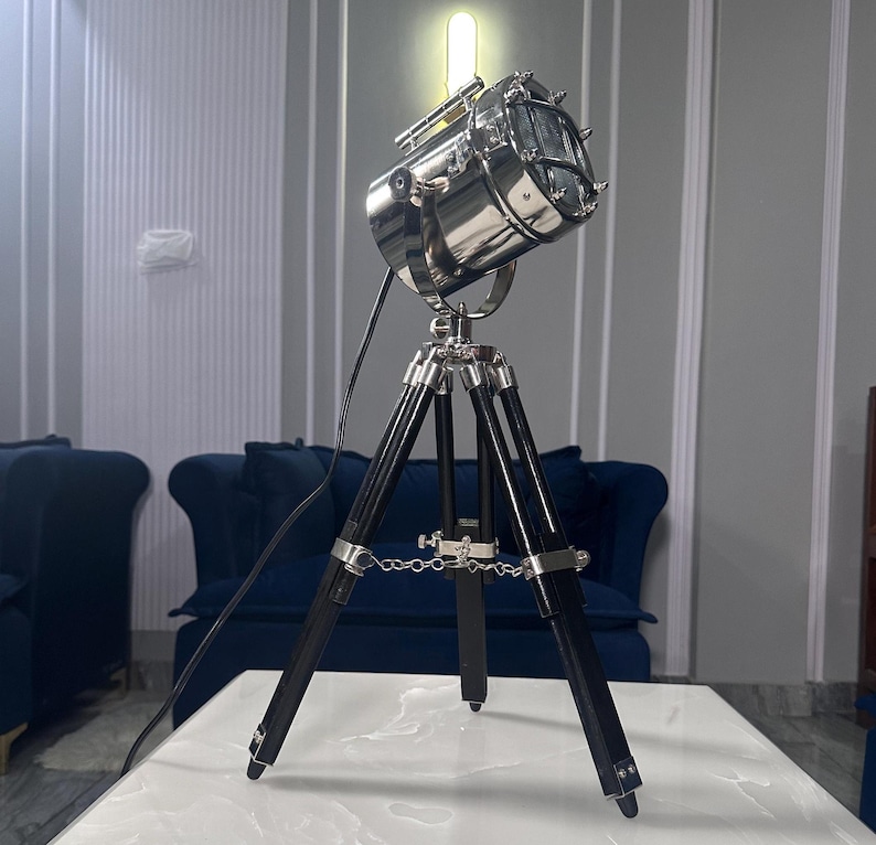Chrome Spotlight on Black Wooden Tripod view 4