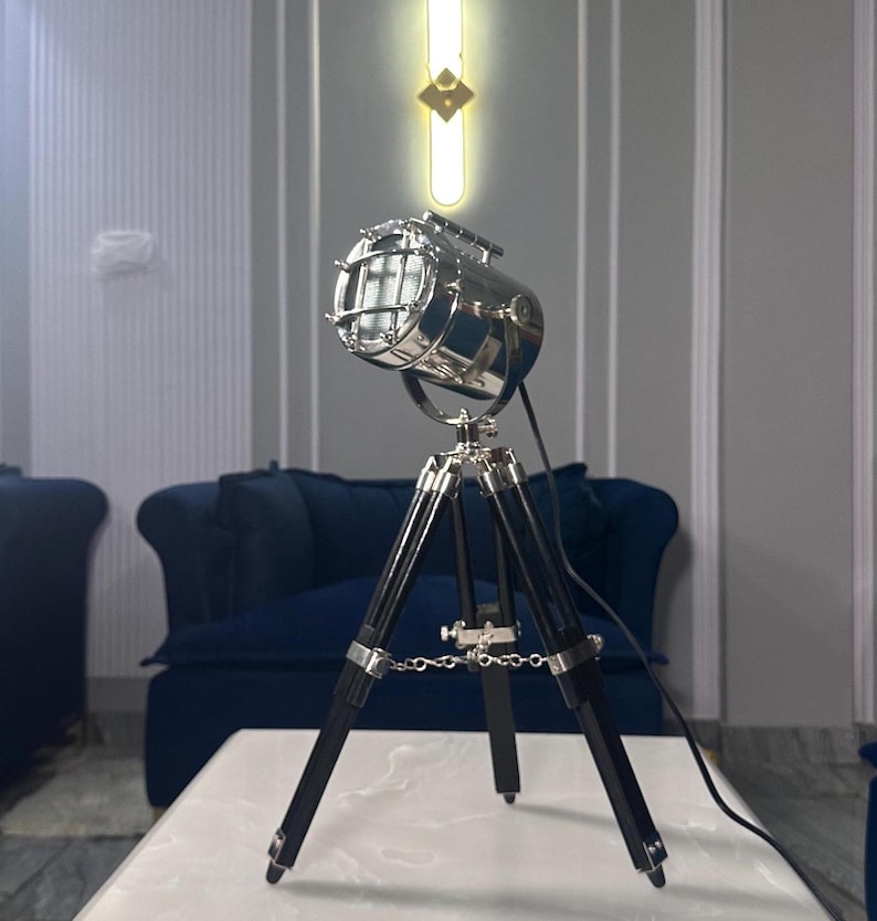 Chrome Spotlight on Black Wooden Tripod view 6
