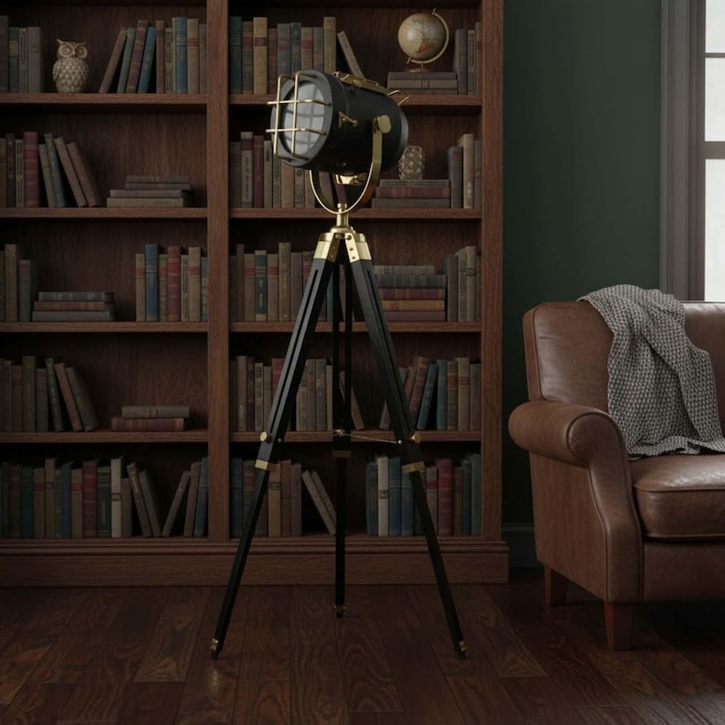 Dark Green Spotlight on Black Wooden Tripod view 2