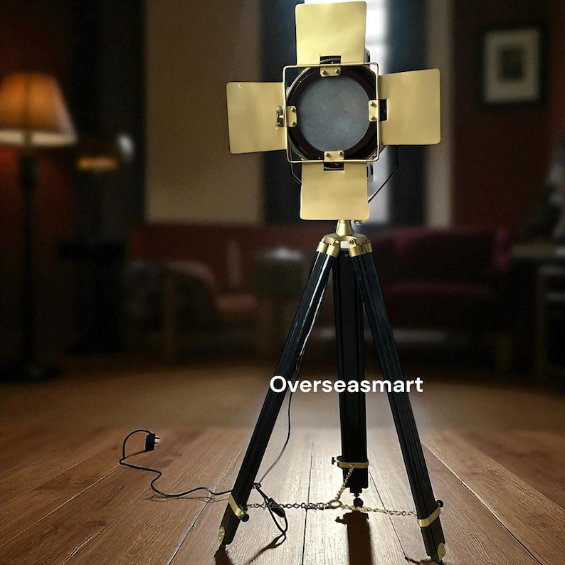 Antique Finish Spotlight on Wooden Tripod view 2