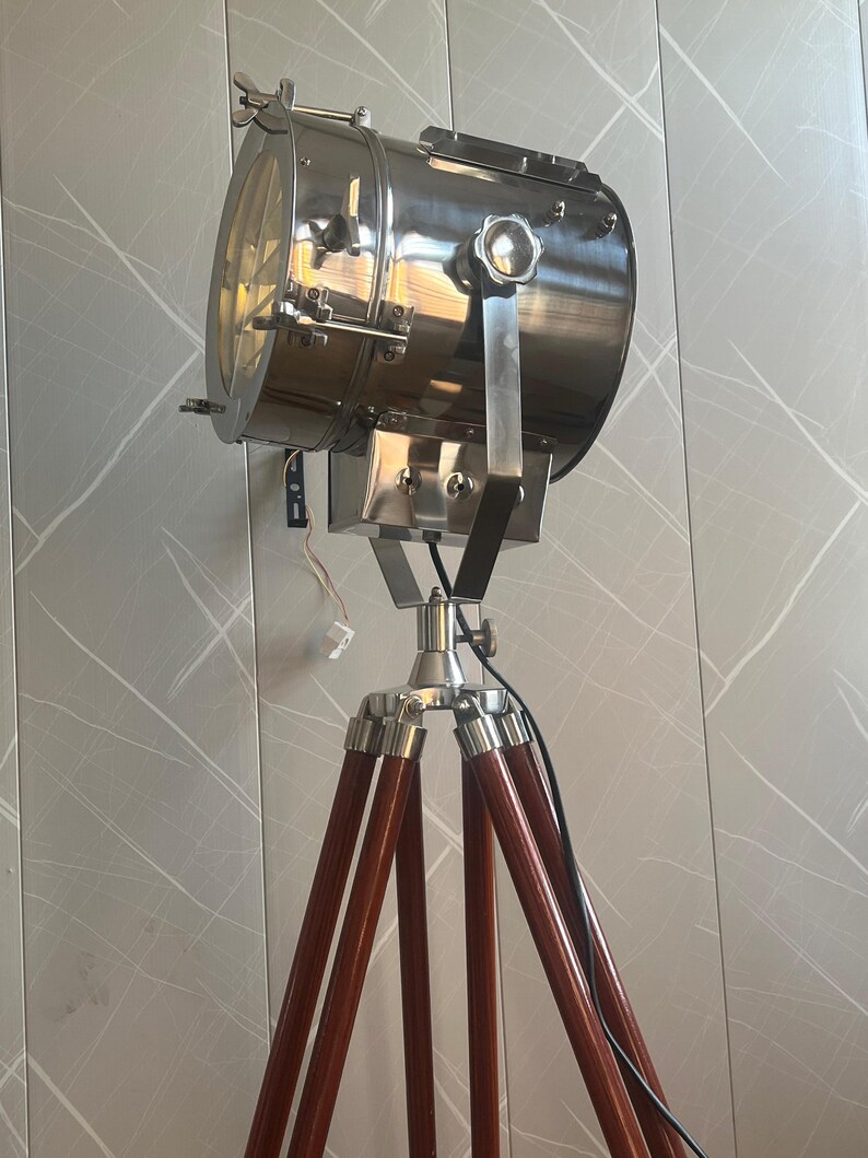 Chrome Spotlight on Wooden Tripod view 3