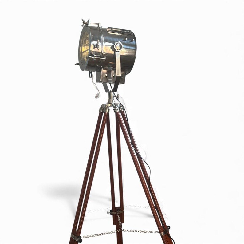Chrome Spotlight on Wooden Tripod view 7