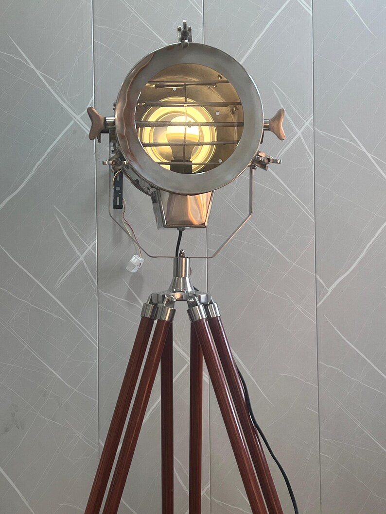 Chrome Spotlight on Wooden Tripod view 8