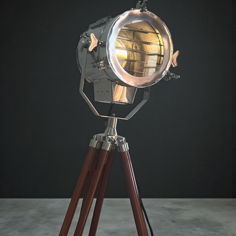 Chrome Spotlight on Wooden Tripod view 9