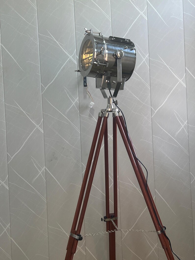 Chrome Spotlight on Wooden Tripod view 15