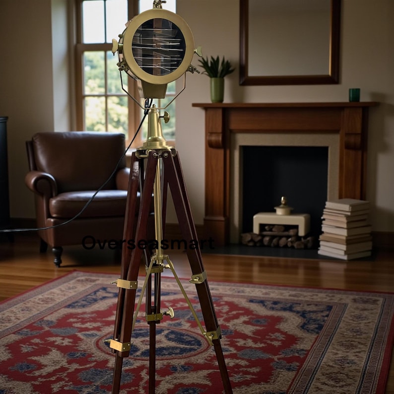 Antique Finish Spotlight on Wooden Tripod view 3