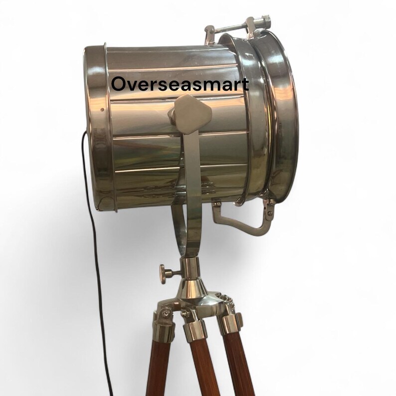 Chrome Spotlight on Wooden Tripod view 6
