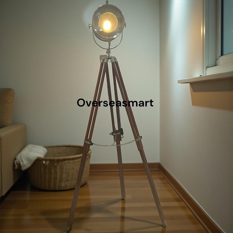 Chrome Spotlight on Wooden Tripod view 8