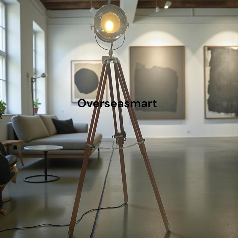 Chrome Spotlight on Wooden Tripod view 9