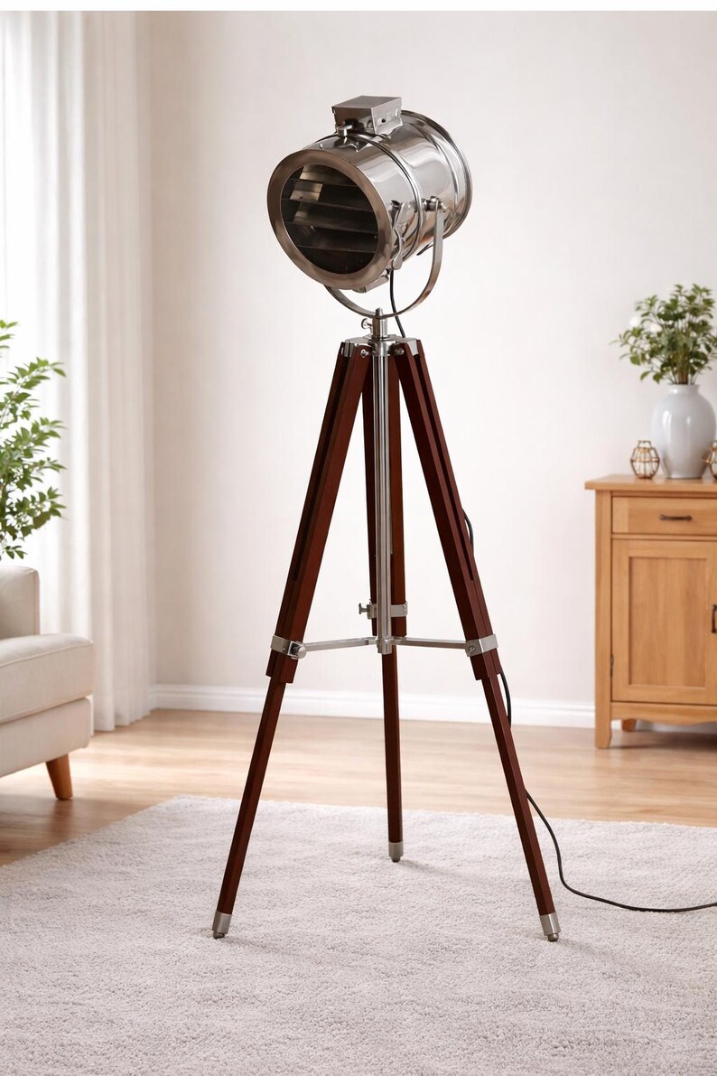 Chrome Spotlight on Wooden Tripod view 2