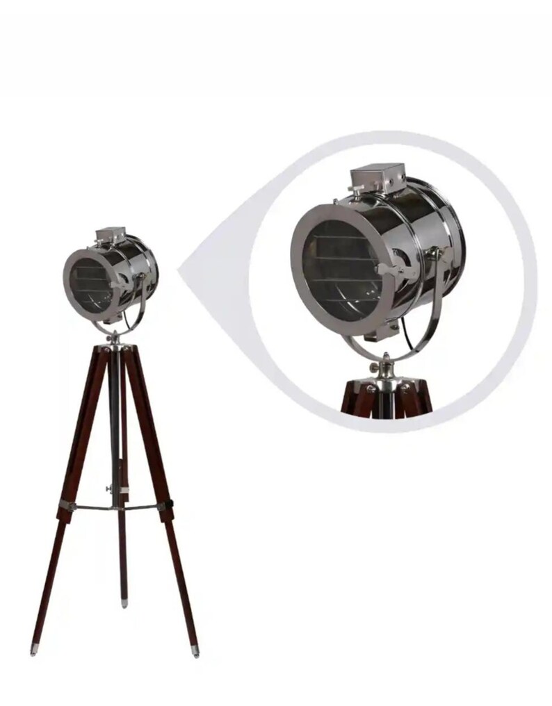 Chrome Spotlight on Wooden Tripod view 5