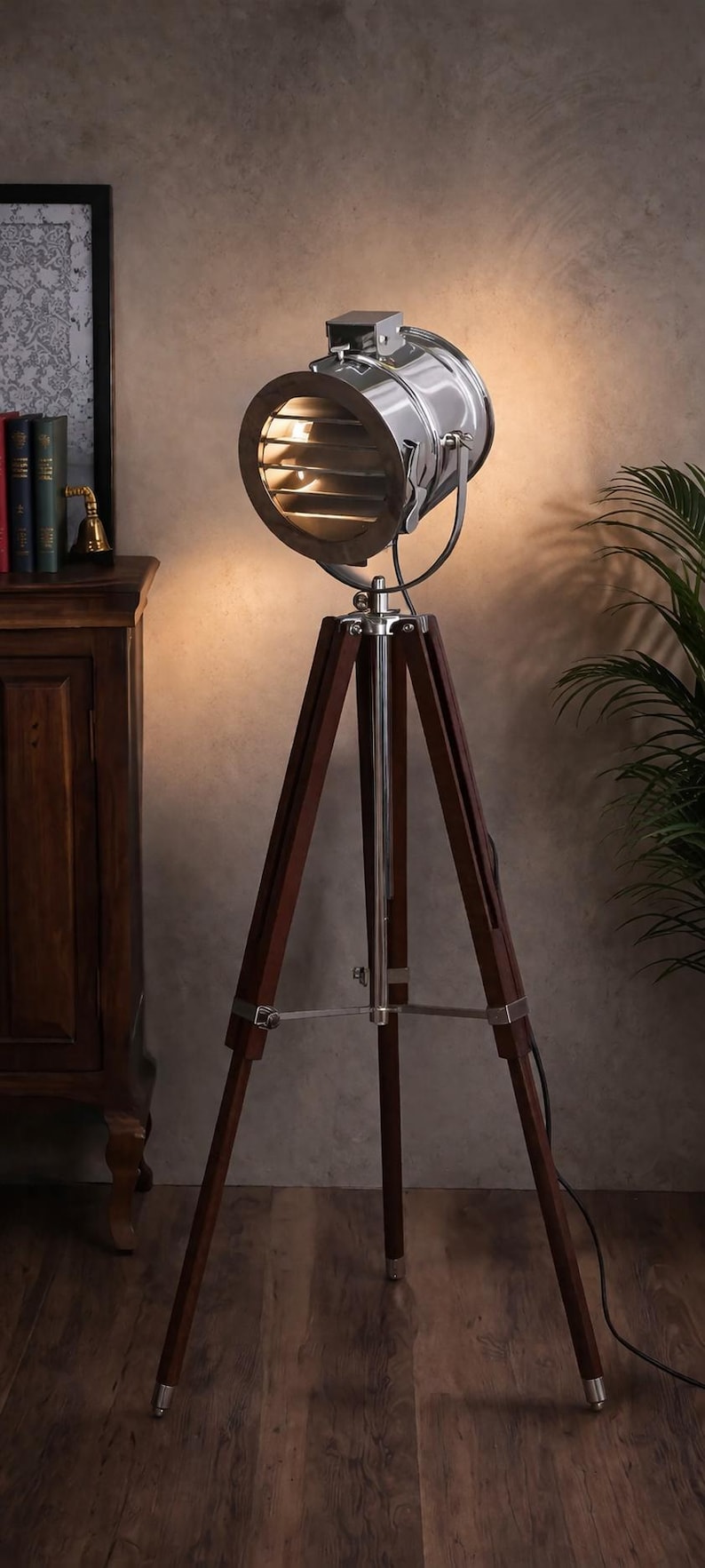 Chrome Spotlight on Wooden Tripod view 9