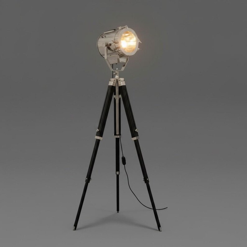 Chrome Spotlight on Black Wooden Tripod view 2