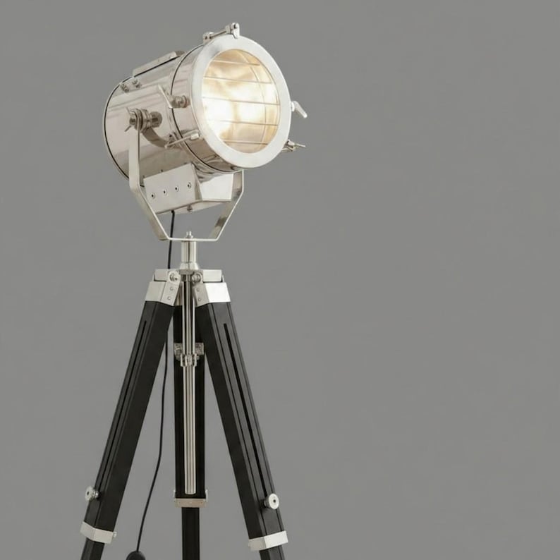 Chrome Spotlight on Black Wooden Tripod view 3