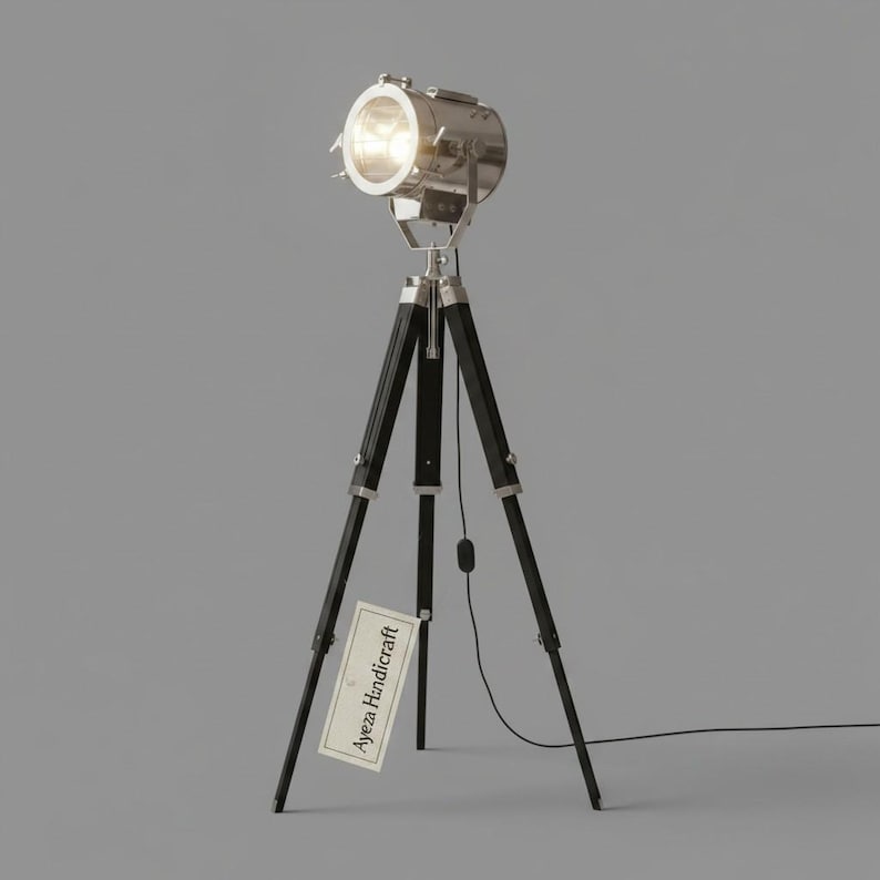 Chrome Spotlight on Black Wooden Tripod view 5