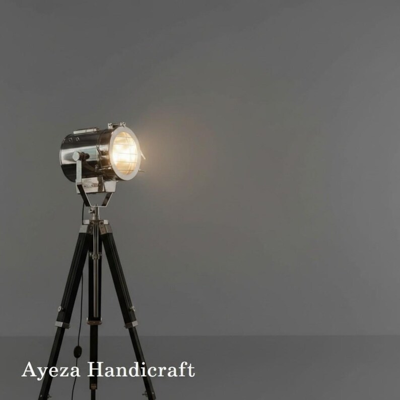 Chrome Spotlight on Black Wooden Tripod view 7