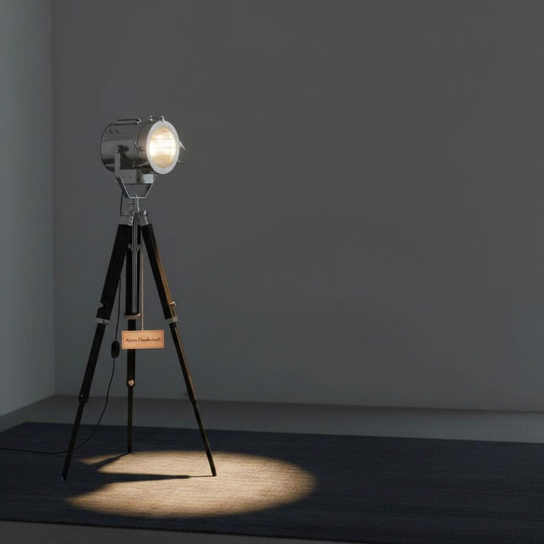 Chrome Spotlight on Black Wooden Tripod view 8