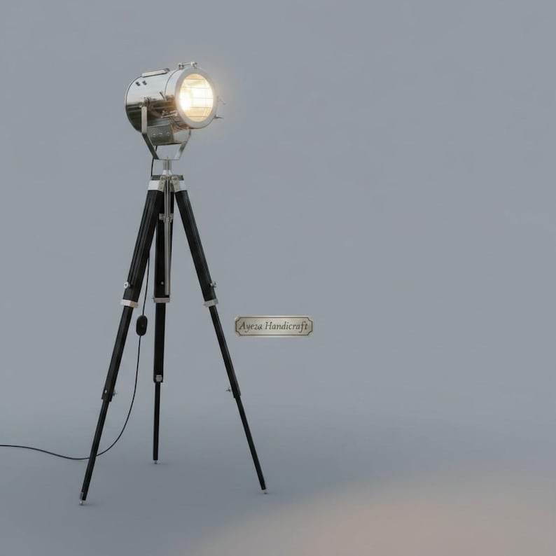 Chrome Spotlight on Black Wooden Tripod view 9