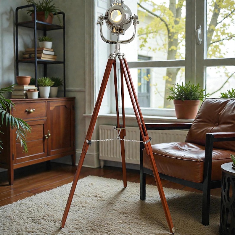 Chrome Spotlight on Wooden Tripod view 2