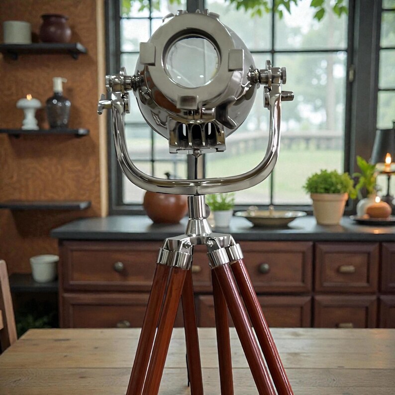 Chrome Spotlight on Wooden Tripod view 3
