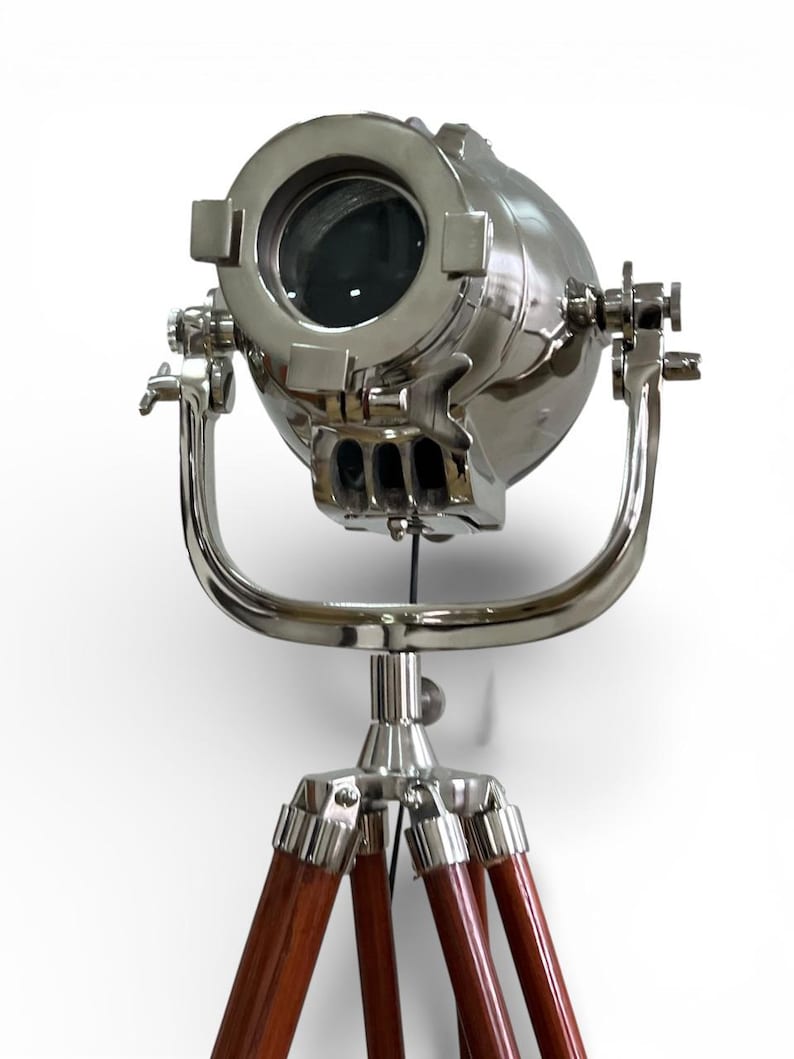 Chrome Spotlight on Wooden Tripod view 5