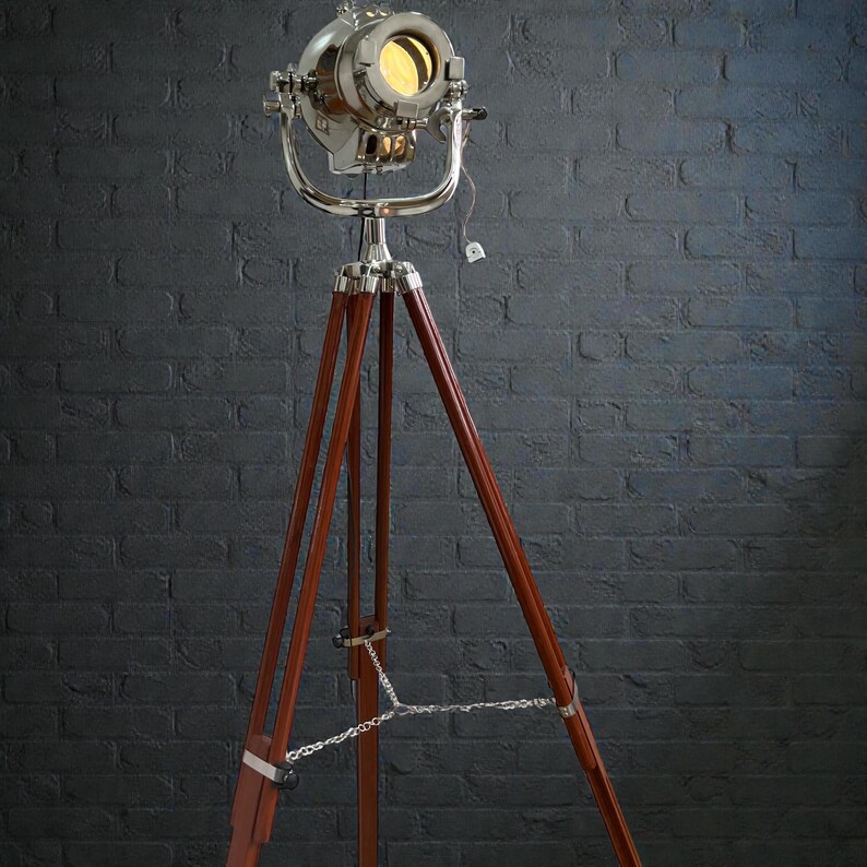 Chrome Spotlight on Wooden Tripod view 6