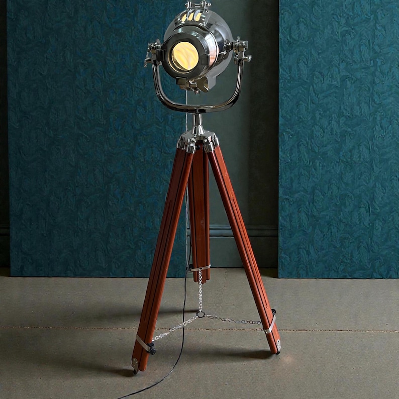 Chrome Spotlight on Wooden Tripod view 7