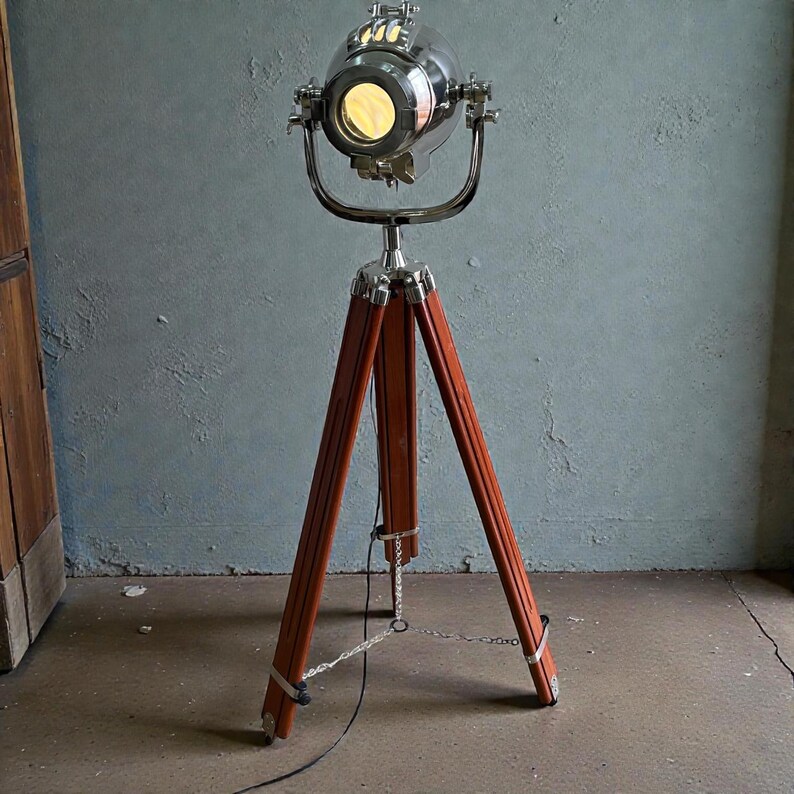 Chrome Spotlight on Wooden Tripod view 9