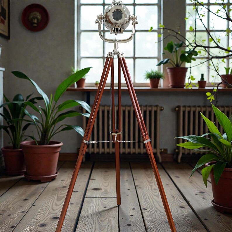Chrome Spotlight on Wooden Tripod view 12