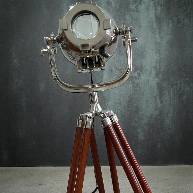 Chrome Spotlight on Wooden Tripod view 13