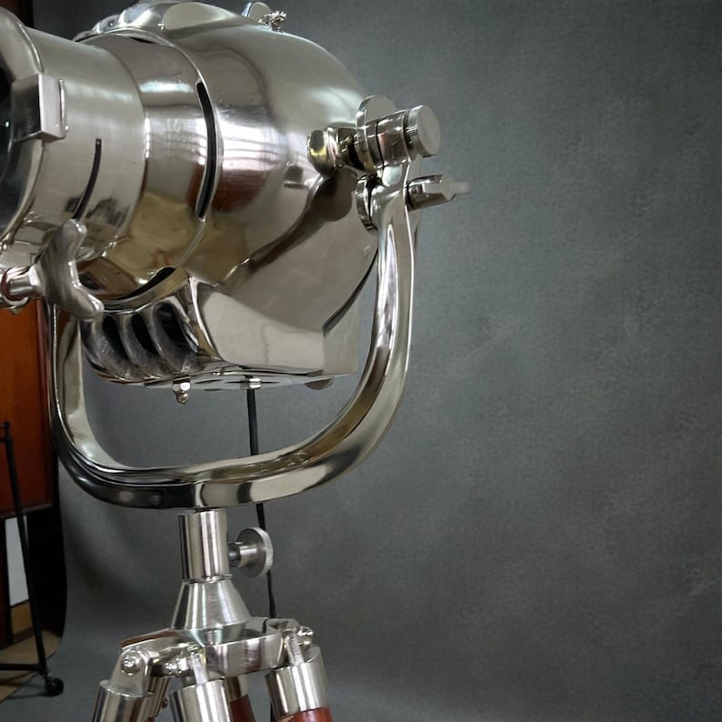 Chrome Spotlight on Wooden Tripod view 14