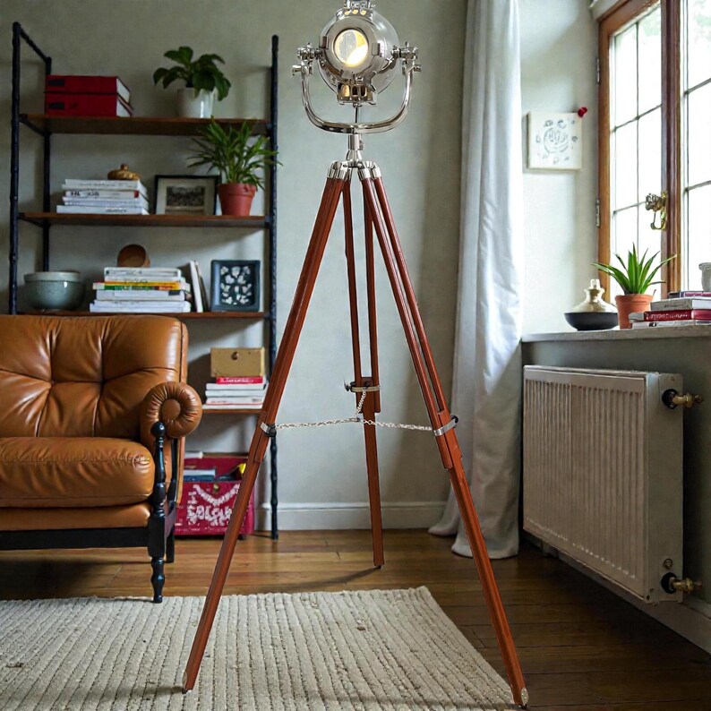 Chrome Spotlight on Wooden Tripod view 17