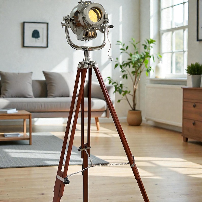Chrome Spotlight on Wooden Tripod view 21