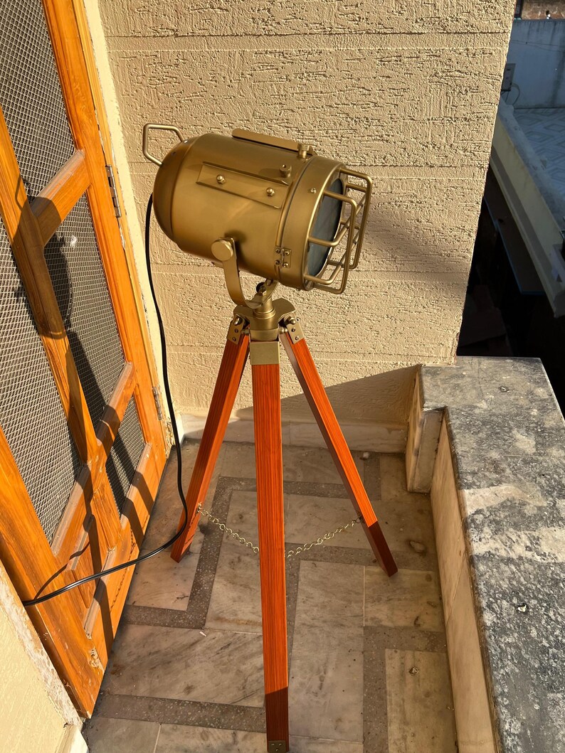Antique Finish Spotlight on Reddish Wooden Tripod view 5