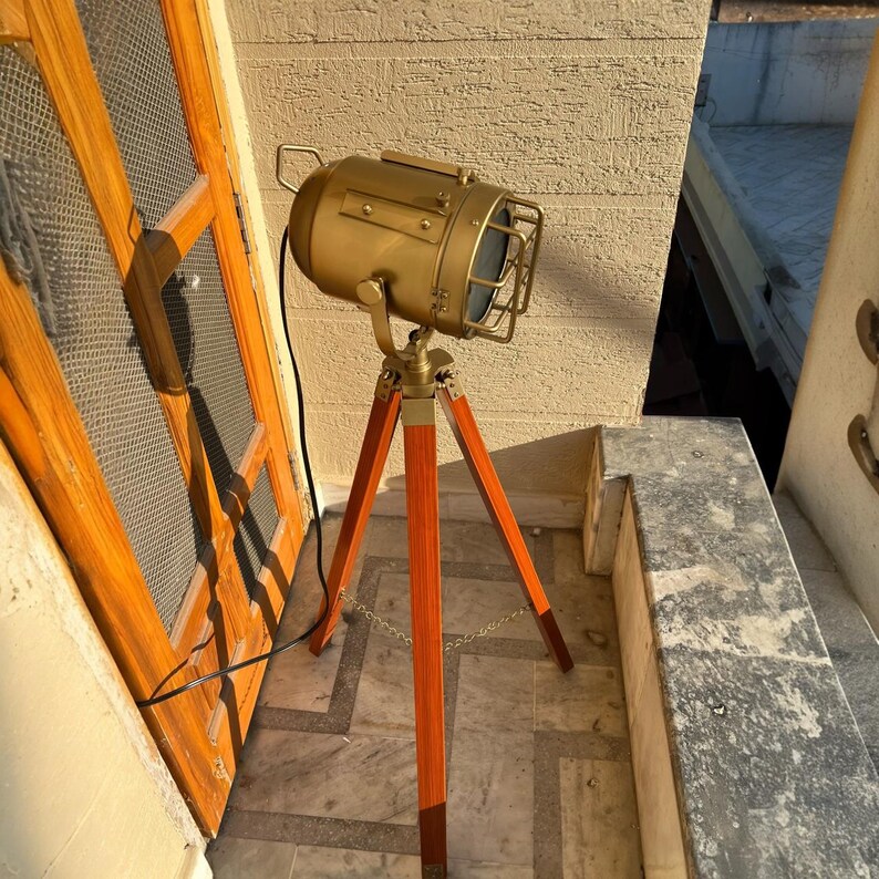 Antique Finish Spotlight on Reddish Wooden Tripod view 9