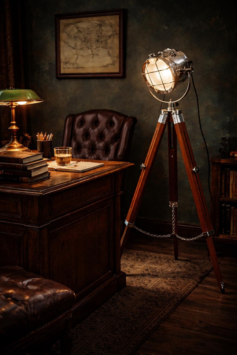Chrome Spotlight on Wooden Tripod view 2