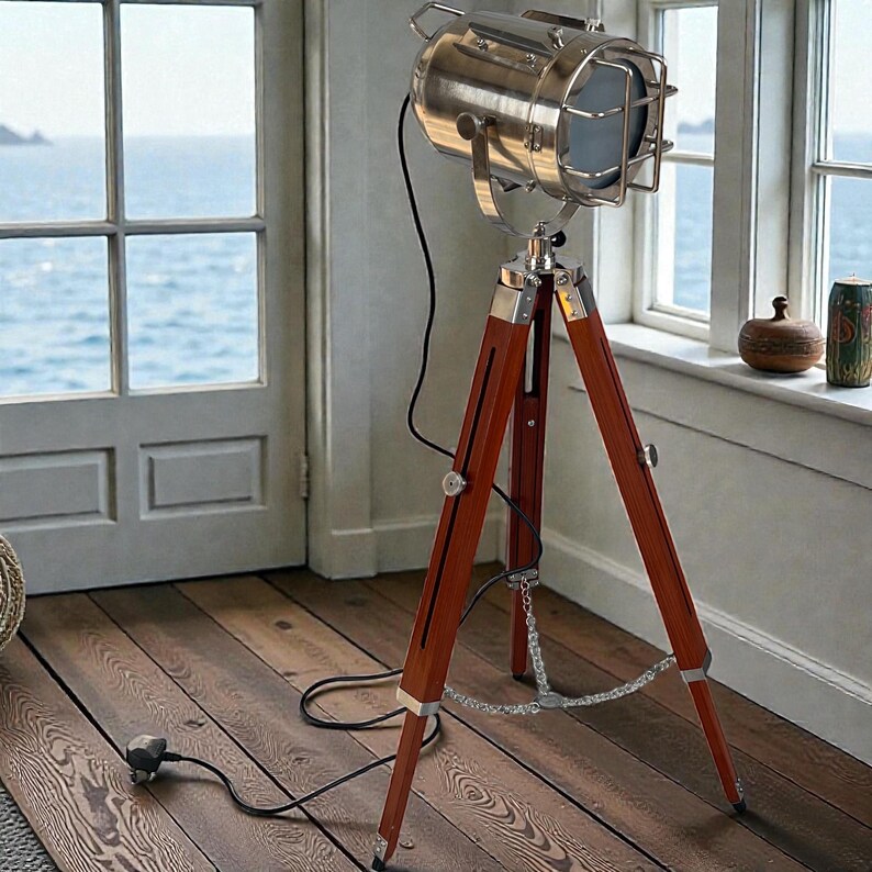 Chrome Spotlight on Wooden Tripod view 8