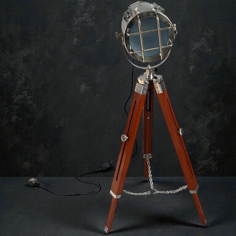 Chrome Spotlight on Wooden Tripod view 11